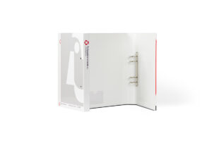 a white binder with a silver ring binder