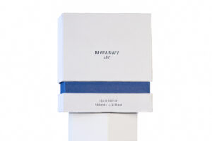 White shoulder box for perfume displaying a perfume bottle with a snug fitment.